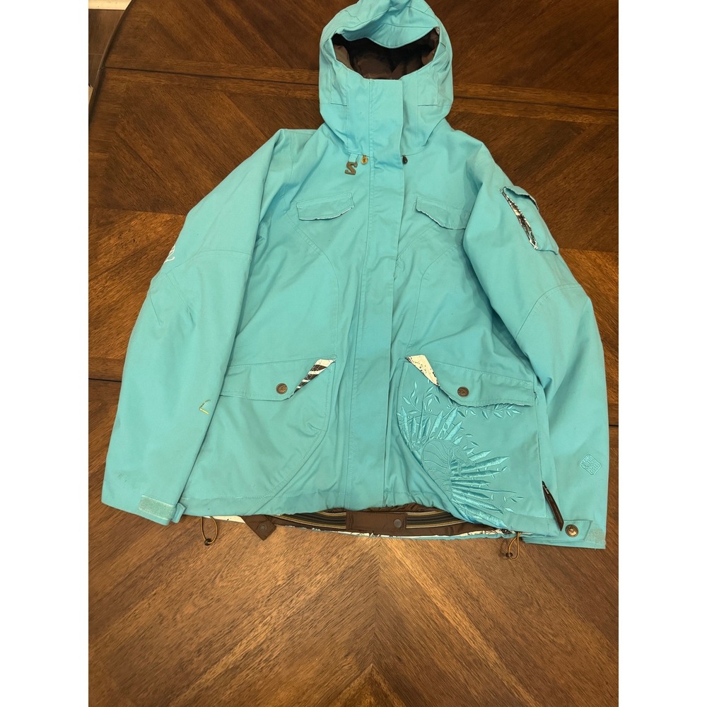 Salomon Womens Ski Snowboard Jacket‎ Turquoise Blue Embroidered Hooded Large L/G